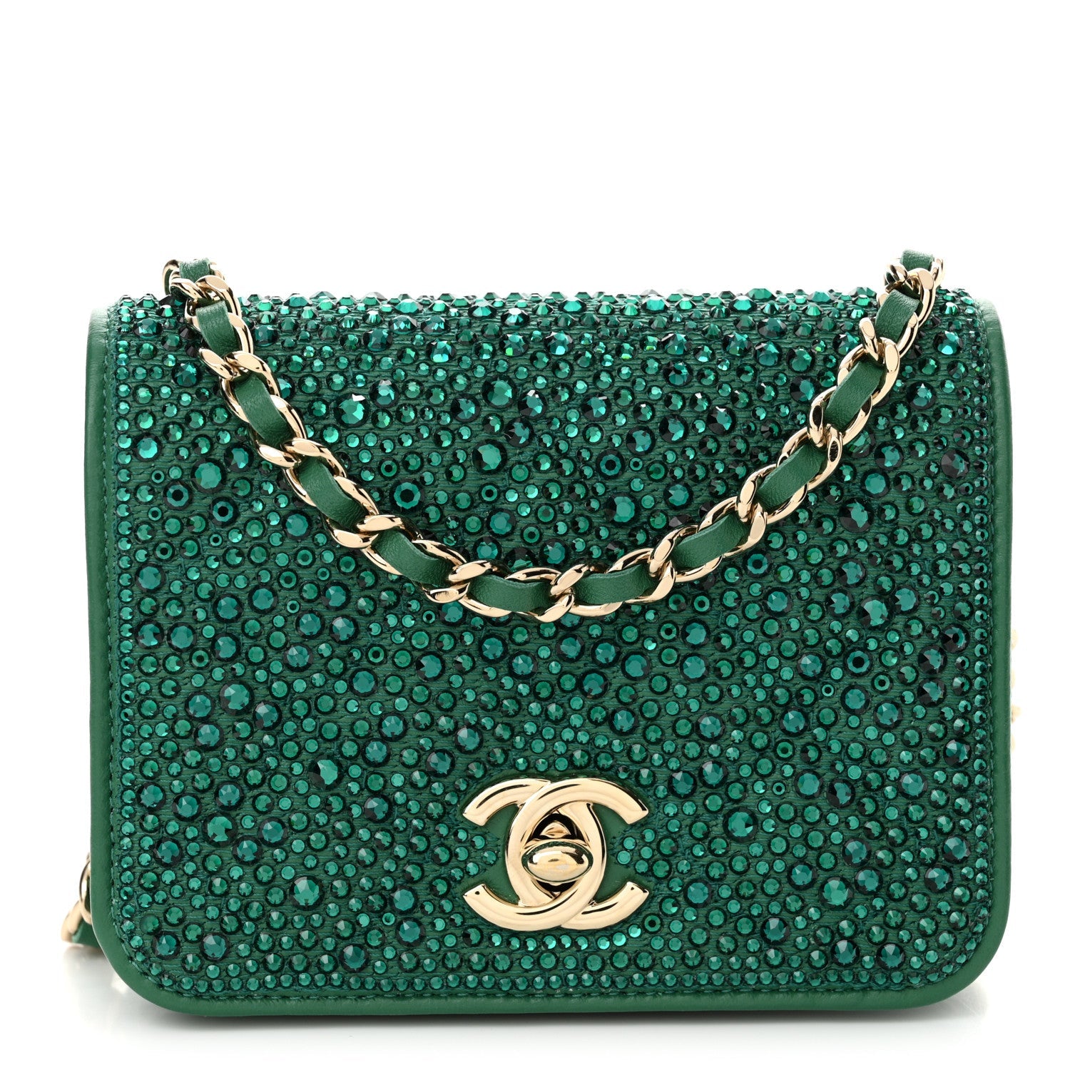 Lambskin Crystal Diamante Clutch With Chain Green