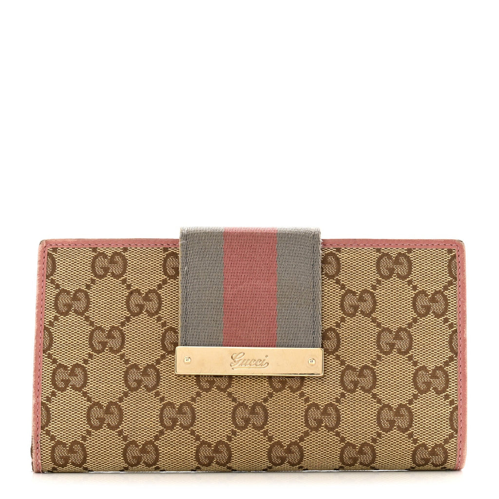 Monogram Calfskin Ladies Web Continental Wallet Beige Ebony Pink