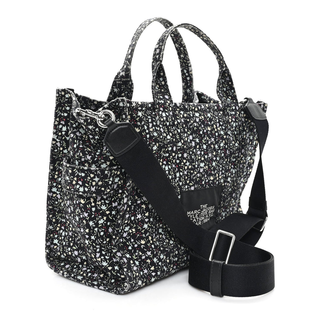 Cotton Canvas Floral Print Medium The Traveler Tote Bag Black