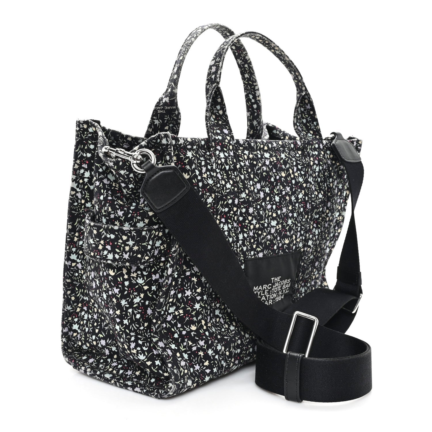 Cotton Canvas Floral Print Medium The Traveler Tote Bag Black
