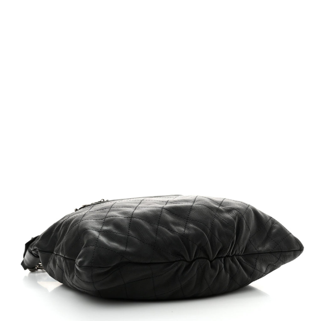Calfskin Stitched Double Zip Hobo Black