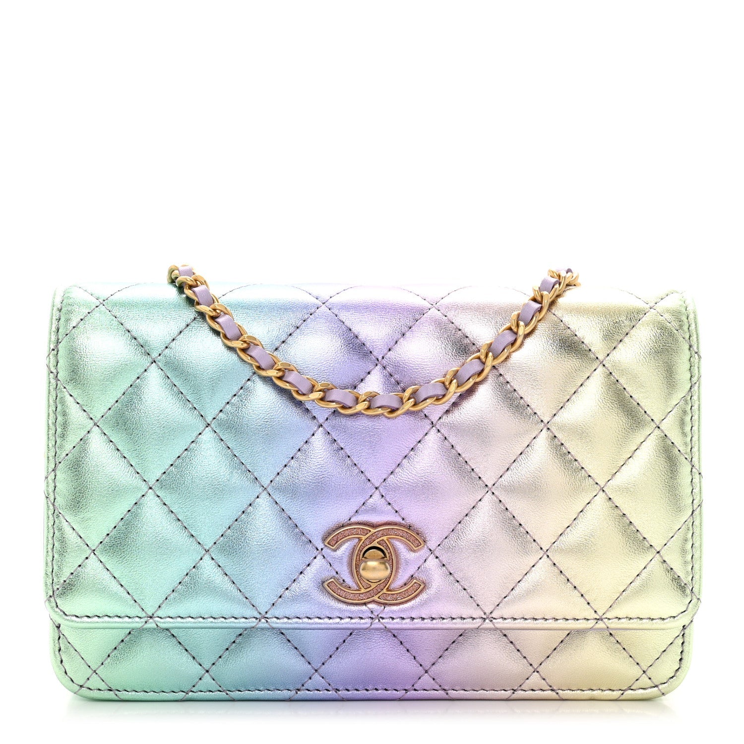 Iridescent Lambskin Quilted Glitter CC Roller Skate Wallet On Chain WOC Multicolor