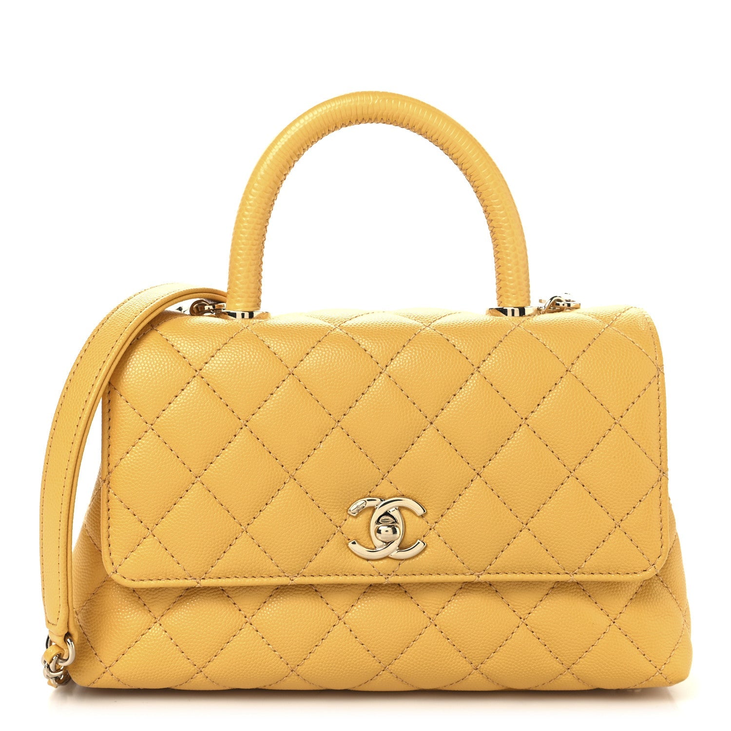 Caviar Lizard Embossed Quilted Mini Coco Handle Flap Yellow