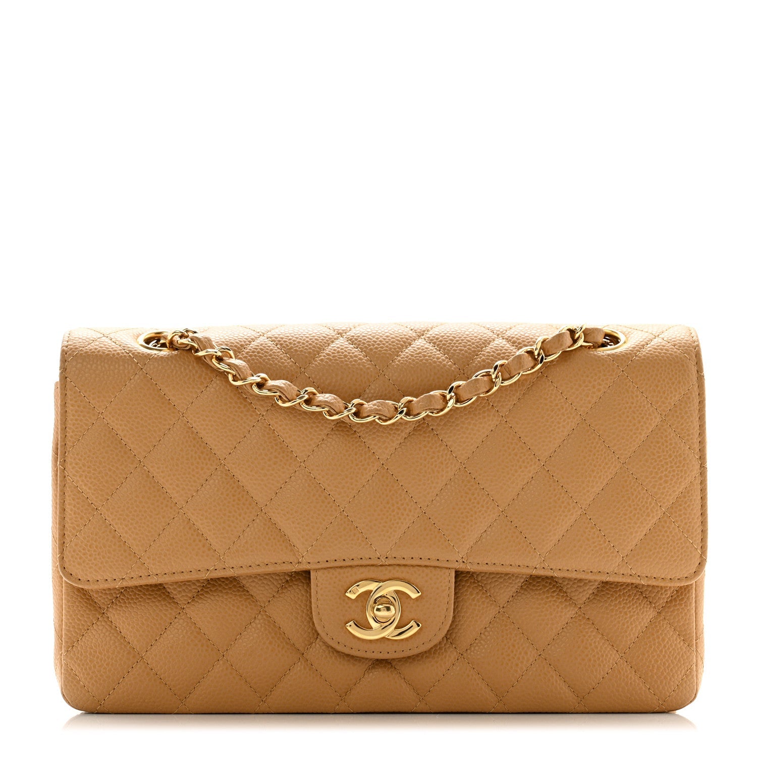 Caviar Quilted Medium Double Flap Beige