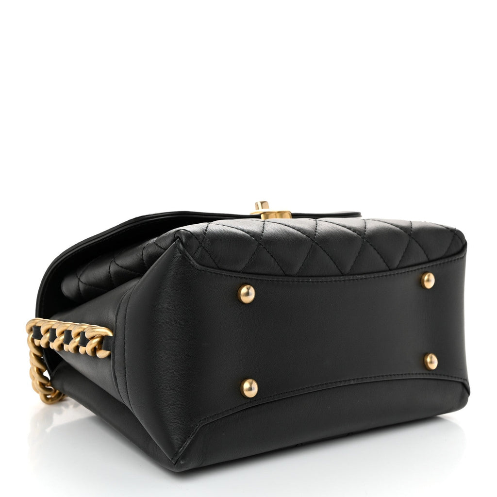 Calfskin Quilted Side Chain Compartment Flap Black