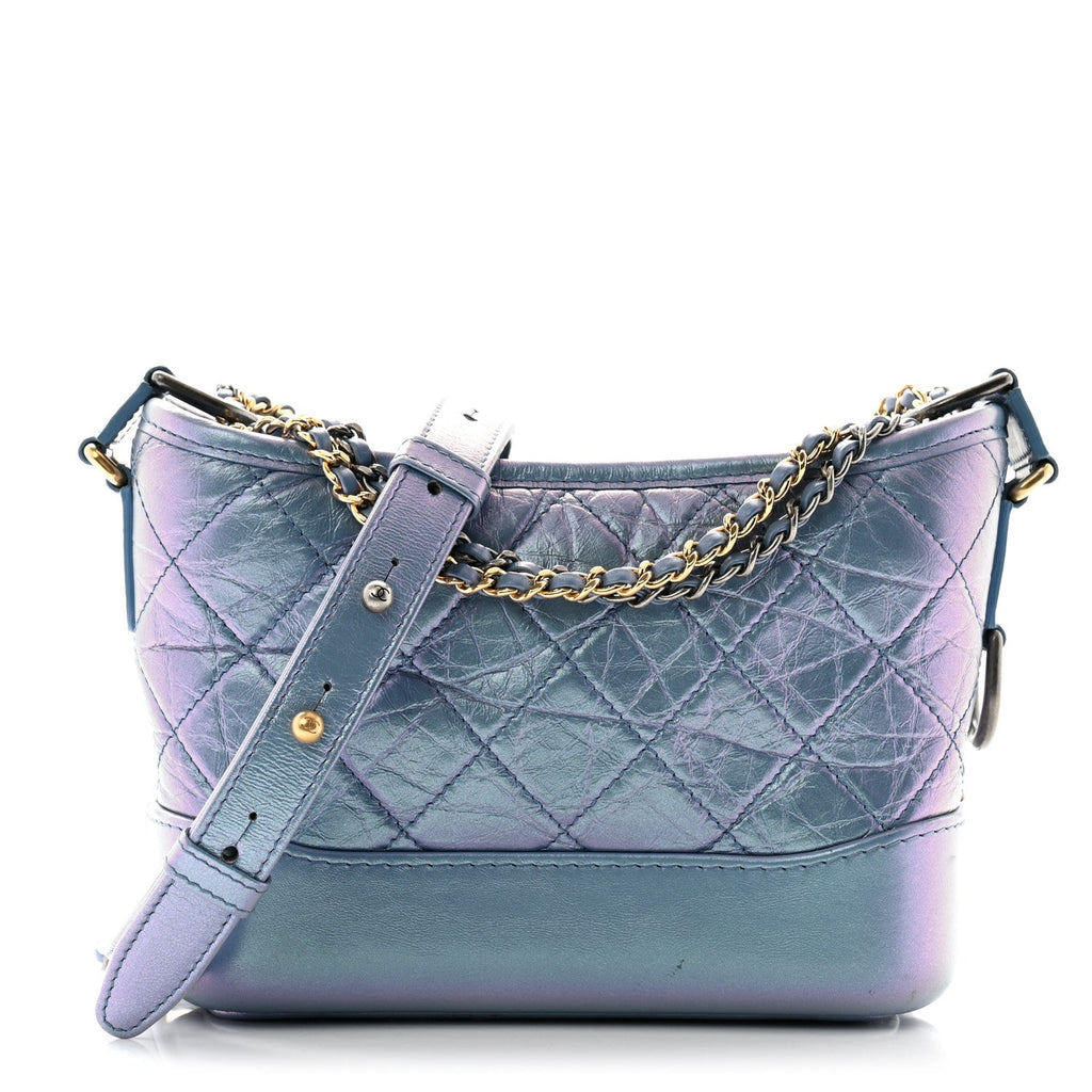 Iridescent Aged Calfskin Quilted Small Gabrielle Hobo Blue