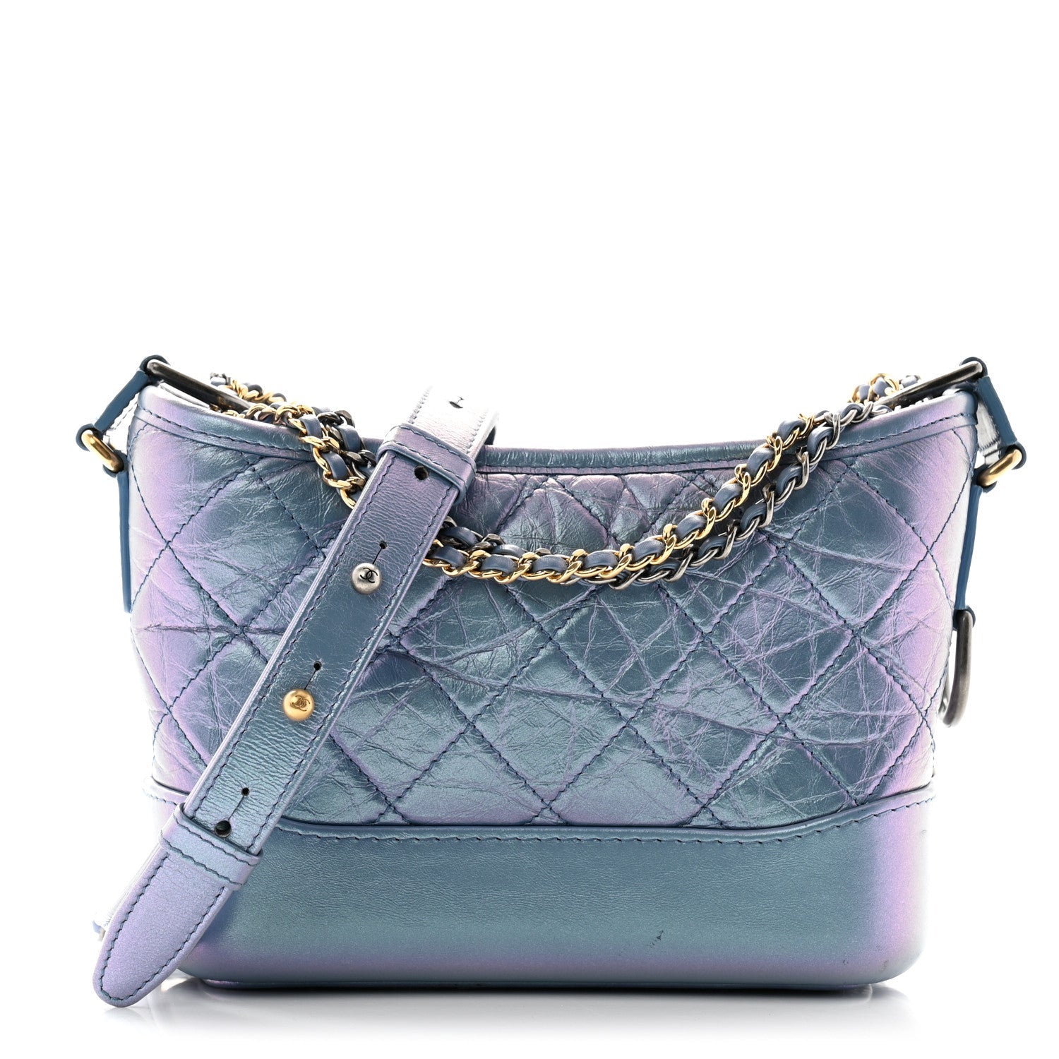 Iridescent Aged Calfskin Quilted Small Gabrielle Hobo Blue