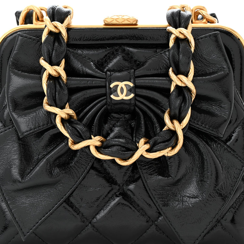Patent Crumpled Lambskin Quilted Maxi Bow Clutch With Chain Black