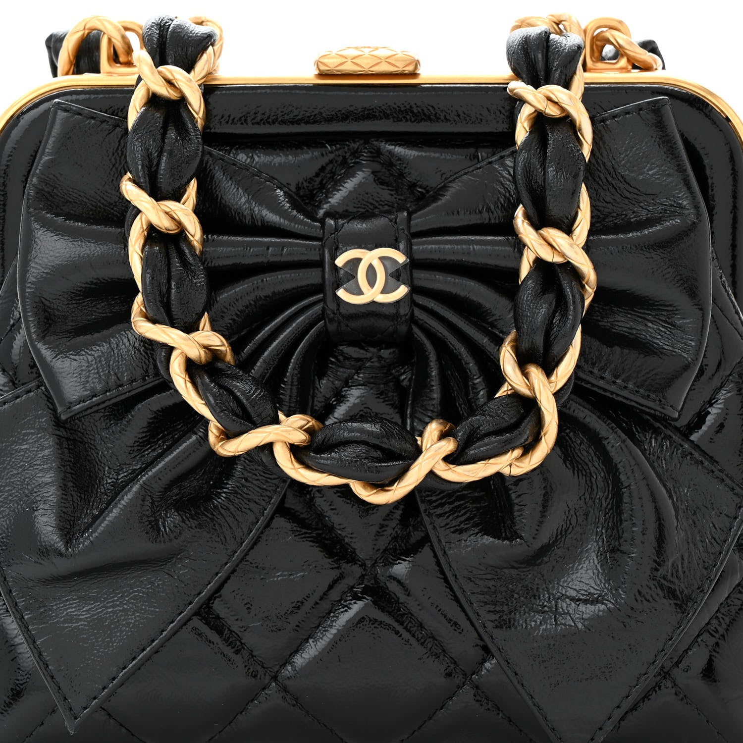 Patent Crumpled Lambskin Quilted Maxi Bow Clutch With Chain Black