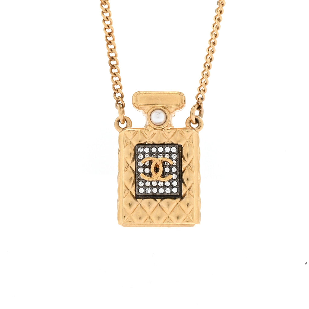 Crystal Pearl Perfume Bottle CC Necklace Black Gold