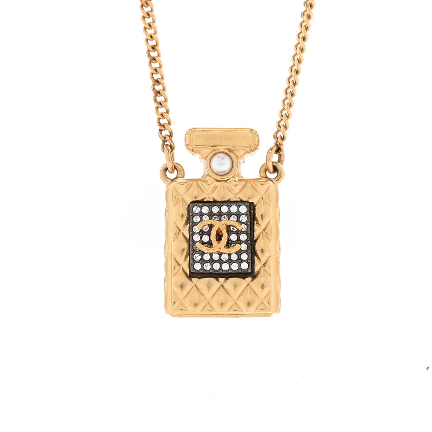 Crystal Pearl Perfume Bottle CC Necklace Black Gold