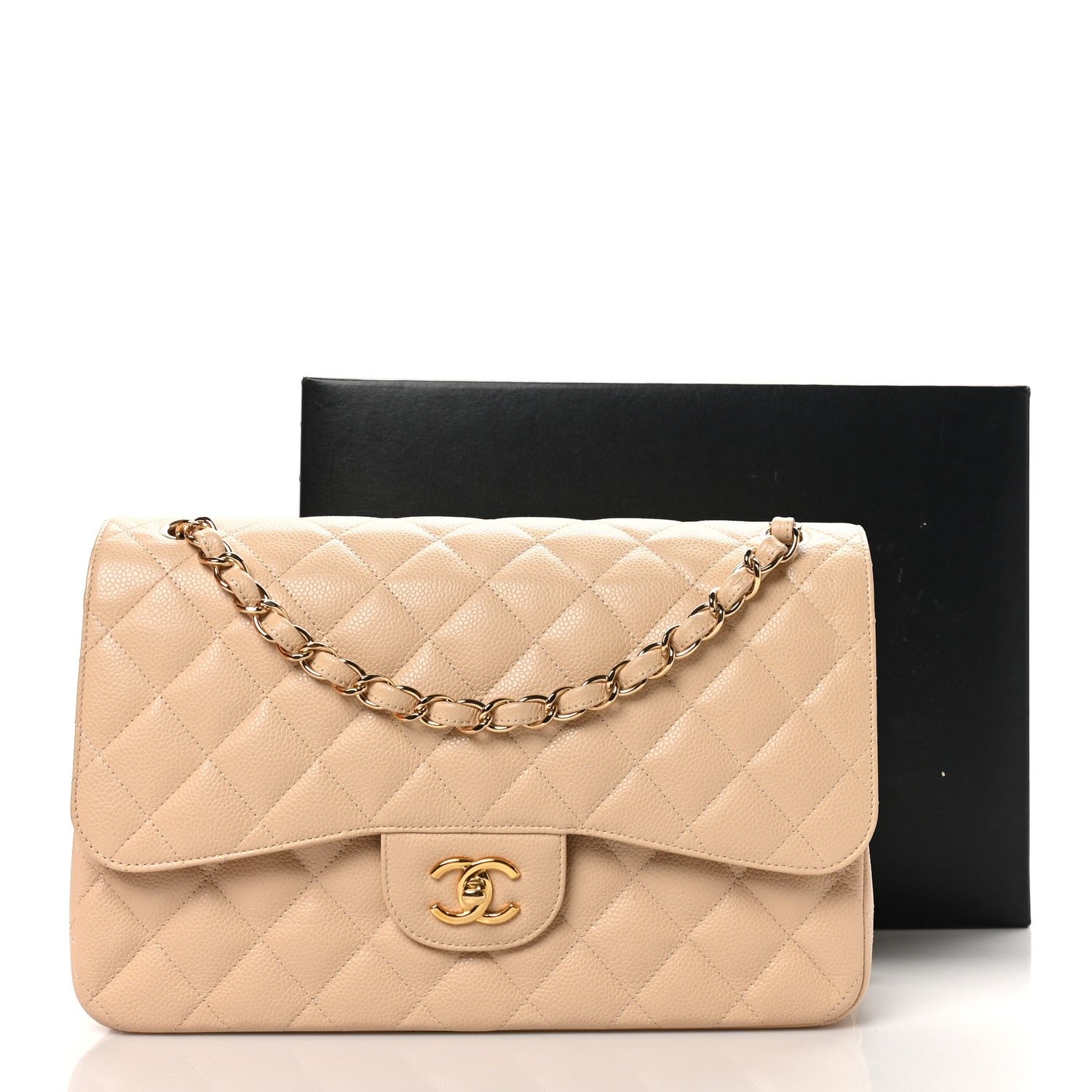 Caviar Quilted Jumbo Double Flap Beige Clair