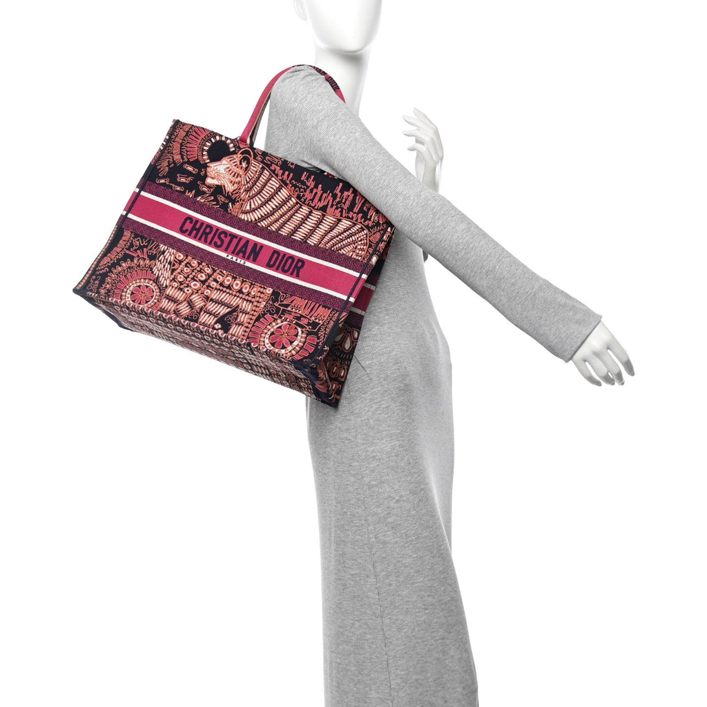 Canvas Embroidered Dior Animals Tiger Book Tote Deep Blue Fuchsia