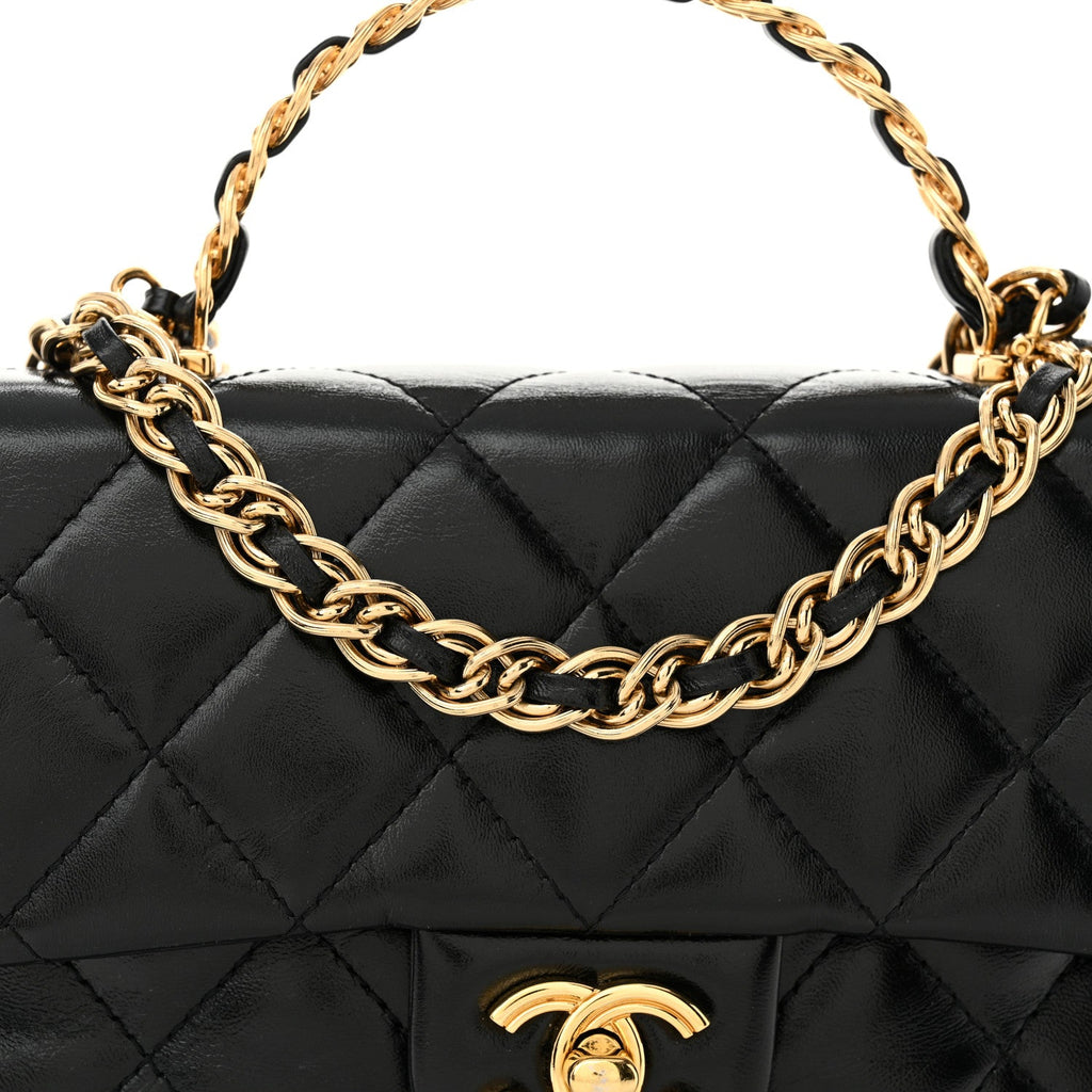 Shiny Lambskin Quilted Golden Links Top Handle Flap Black