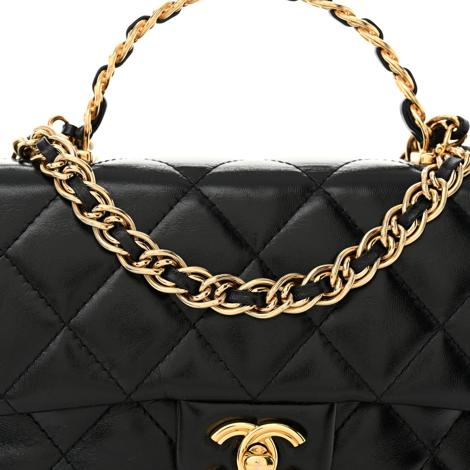 Shiny Lambskin Quilted Golden Links Top Handle Flap Black