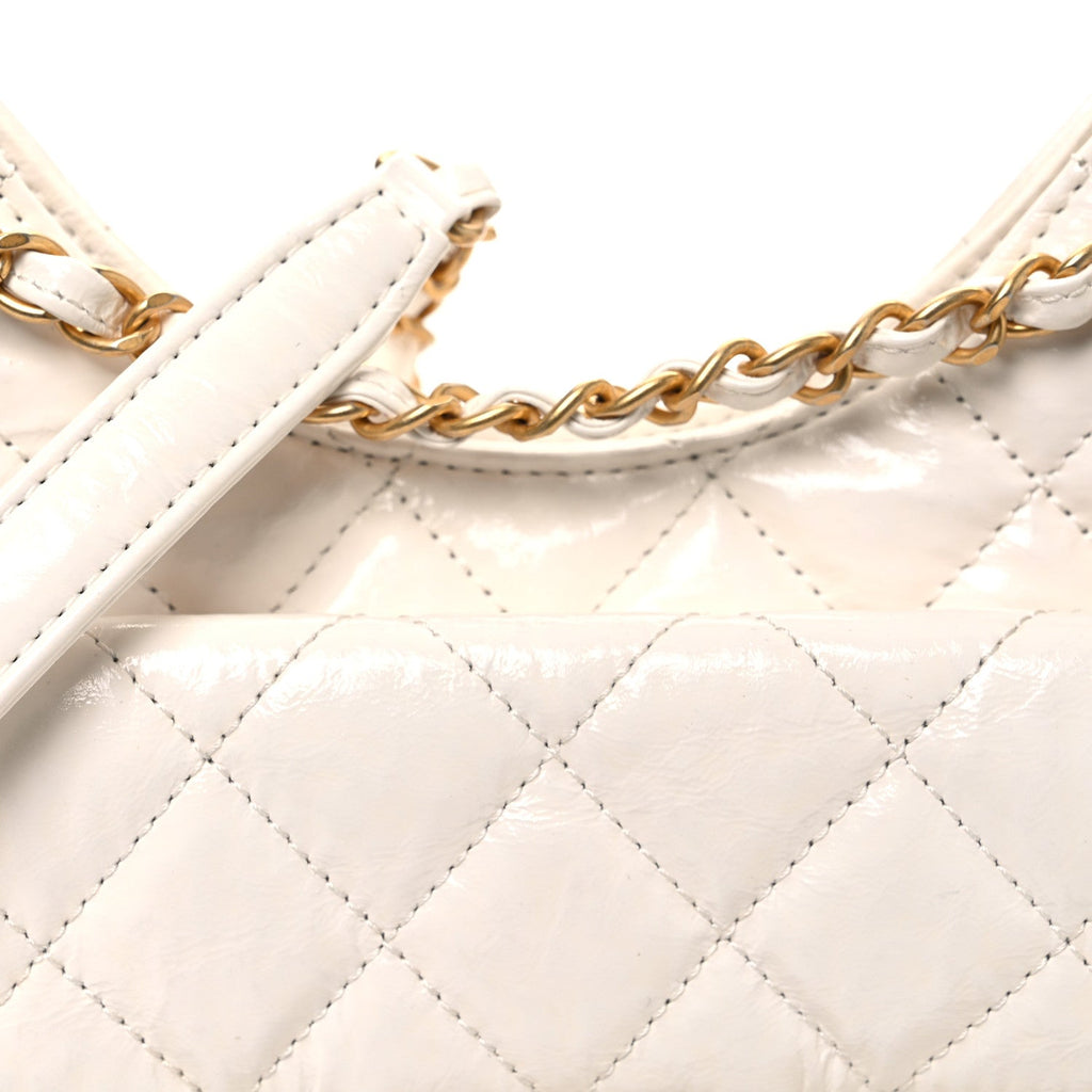 Shiny Crumpled Calfskin Quilted Small Wavy CC Hobo White
