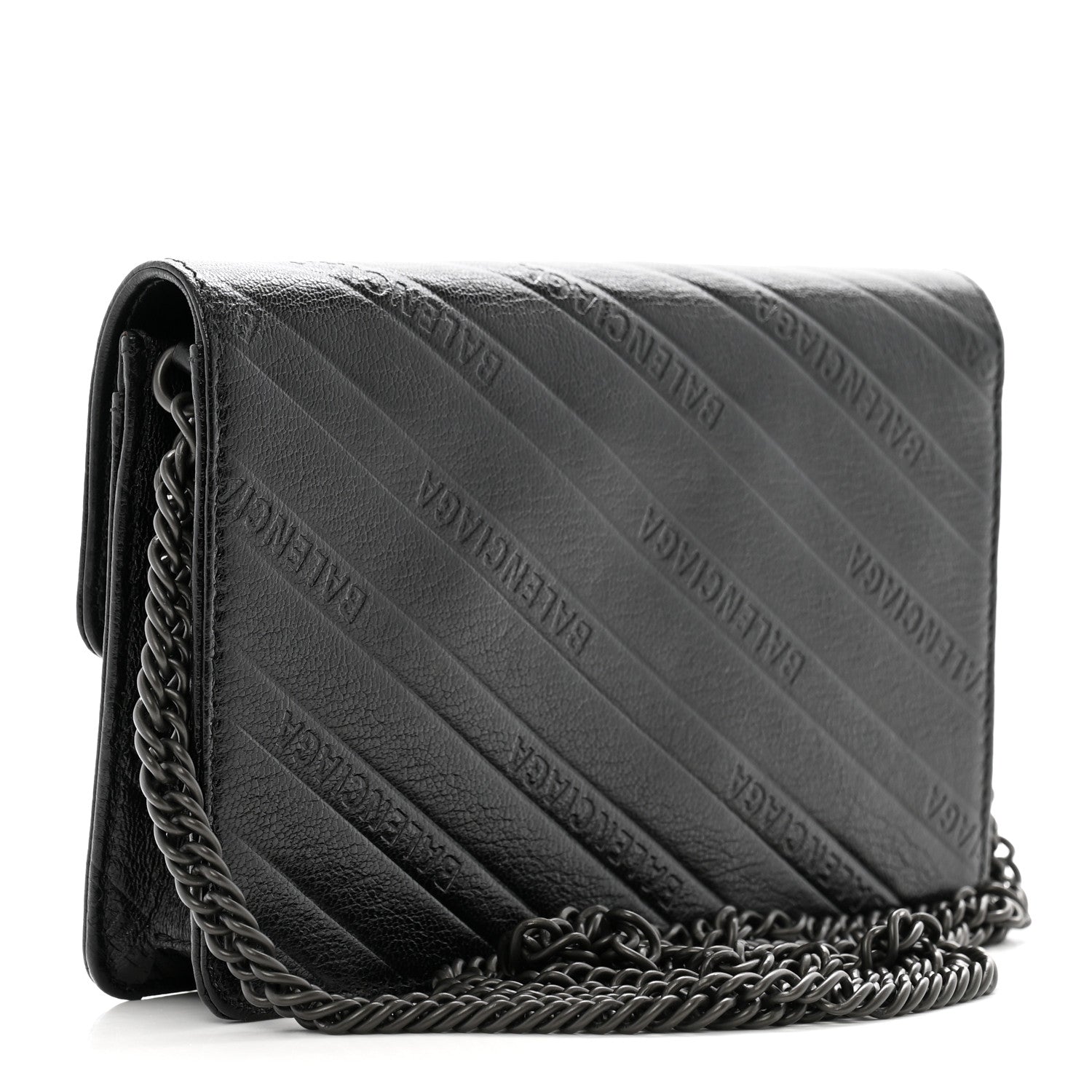 Shiny Goatskin Logo Embossed Monochrome BB Wallet On Chain Black