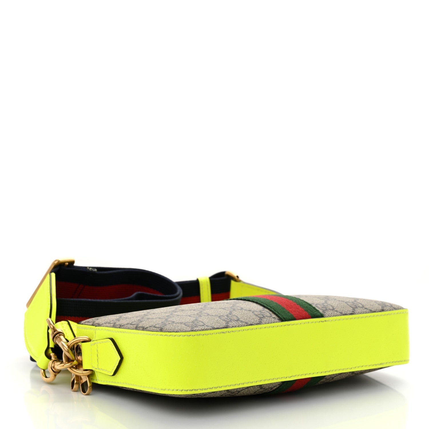 GG Supreme Monogram Textured Dollar Calfskin Web Ophidia Wristlet Shoulder Bag Beige Ebony Fluo Yellow