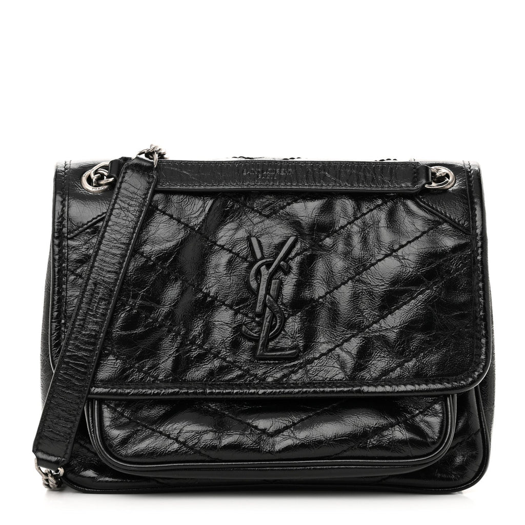 Crinkled Calfskin Matelasse Monogram Baby Niki Chain Satchel Black
