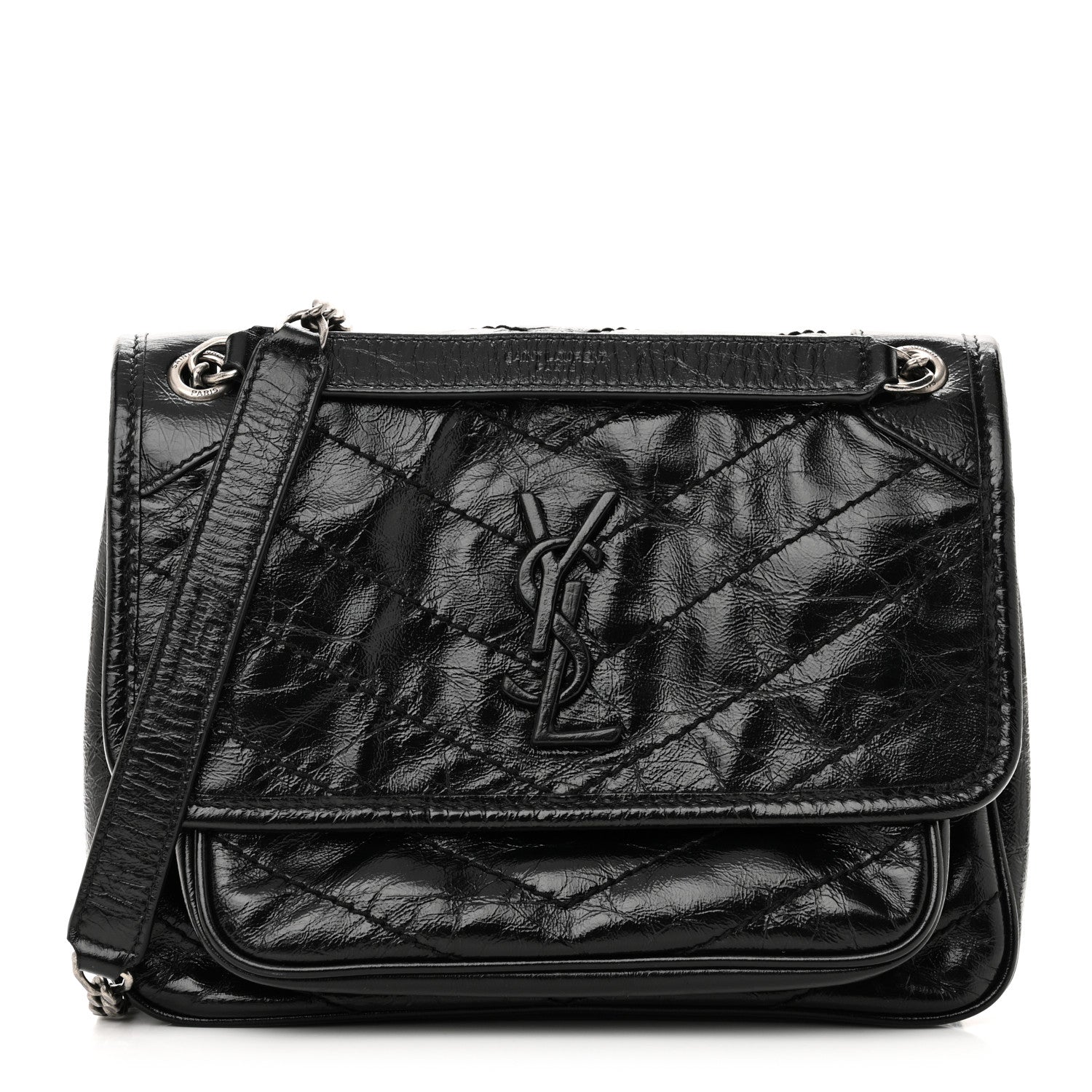Crinkled Calfskin Matelasse Monogram Baby Niki Chain Satchel Black