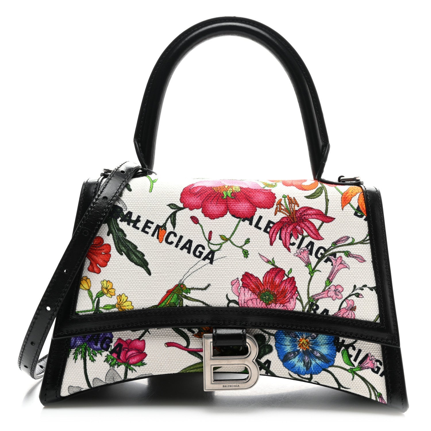 X GUCCI Canvas Boarded Plutone Calfskin Flora Logo Print Small Hourglass Top Handle Bag White Multicolor Black