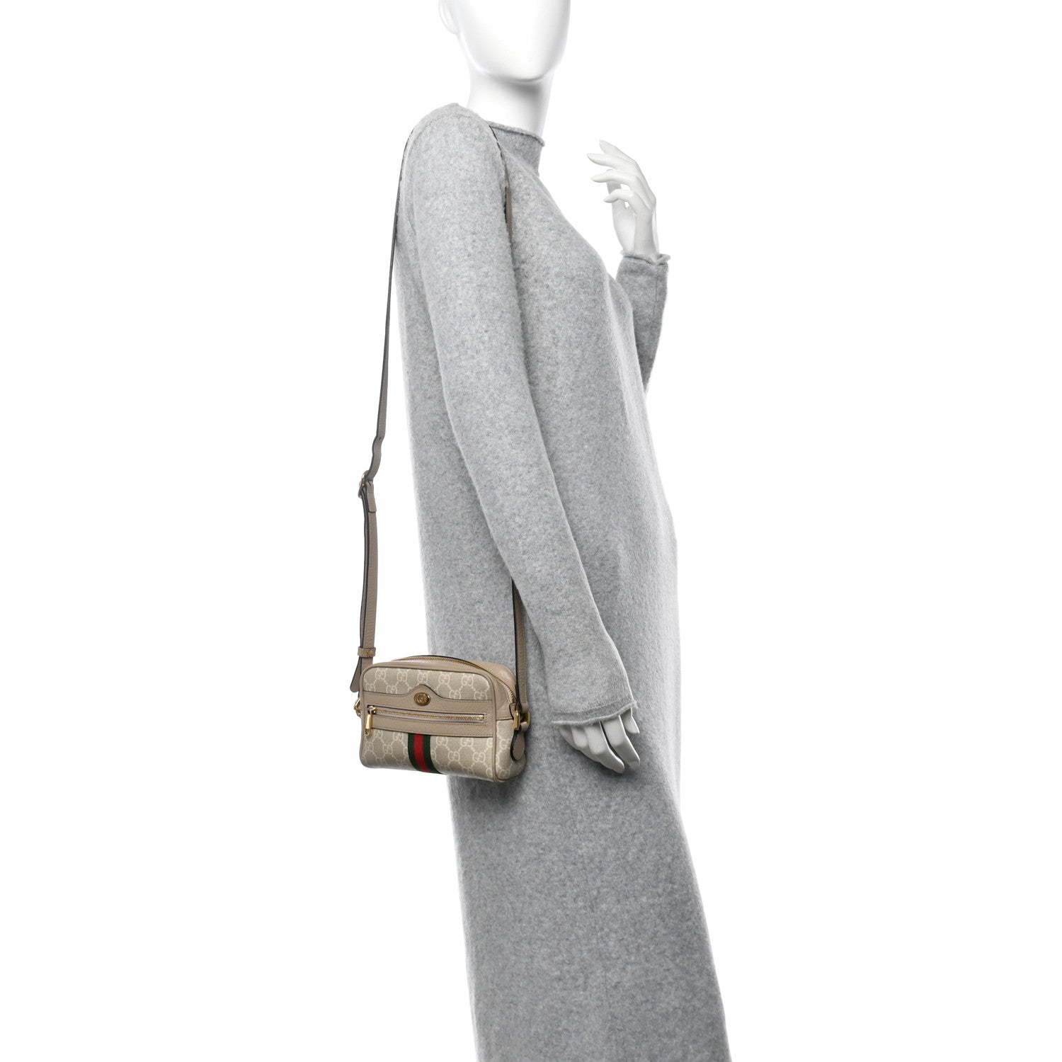 GG Supreme Monogram Textured Calfskin Web Mini Ophidia Shoulder Bag Beige Mystic White Oatmeal