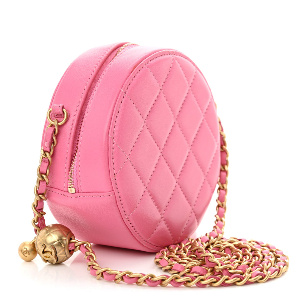 Lambskin Quilted Round Pearl Crush Clutch With Chain Pink
