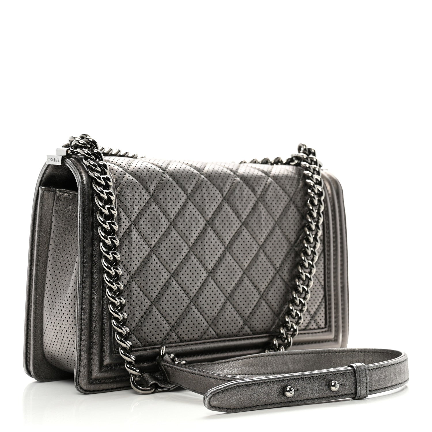 Metallic Lambskin Perforated New Medium Boy Flap Dark Silver