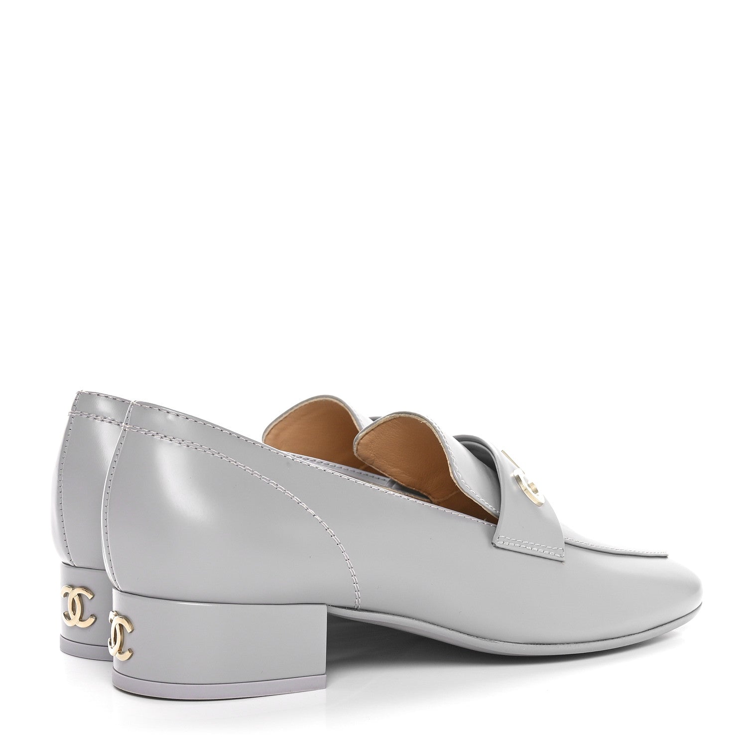 Shiny Calfskin Logo Loafers 36.5 Light Grey