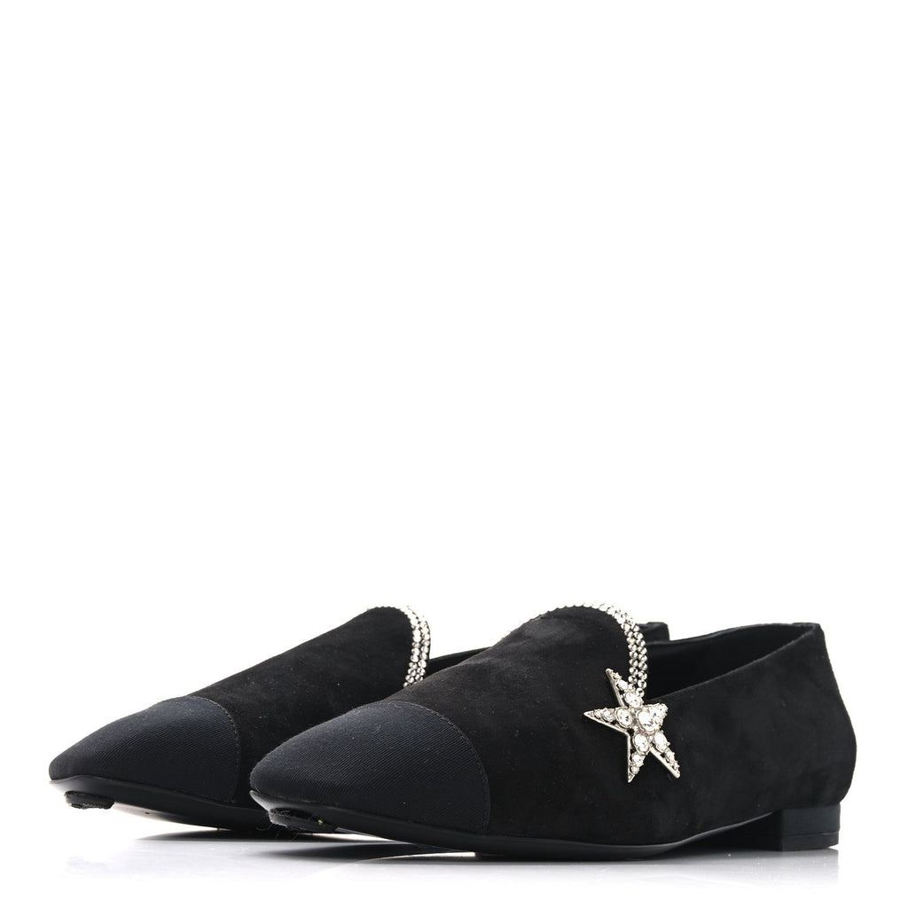 Suede Calfskin Grosgrain Crystal Star Mocassin Loafers 38 Black