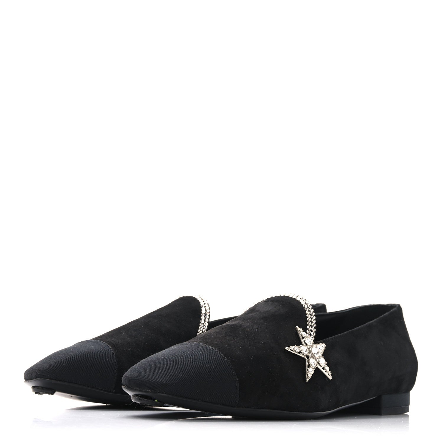 Suede Calfskin Grosgrain Crystal Star Mocassin Loafers 38 Black