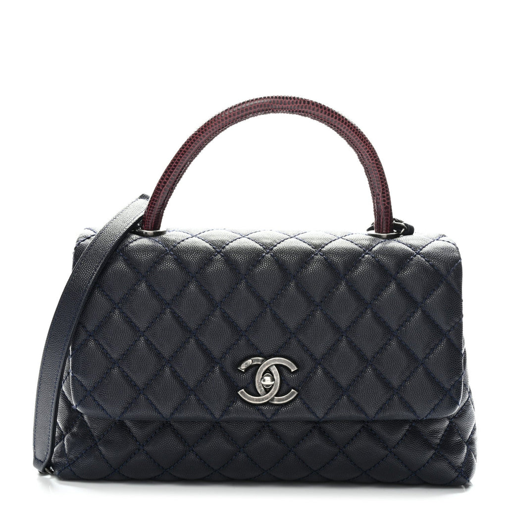 Caviar Lizard Quilted Small Coco Handle Flap Navy Blue