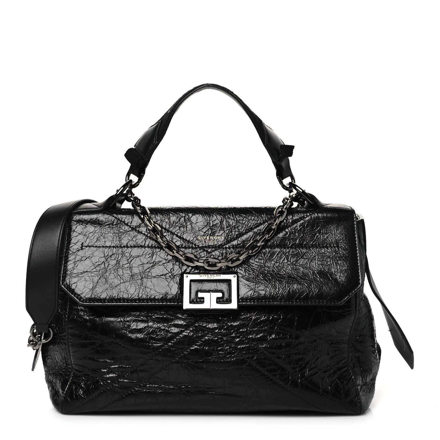Creased Patent Calfskin Medium ID Flap Black
