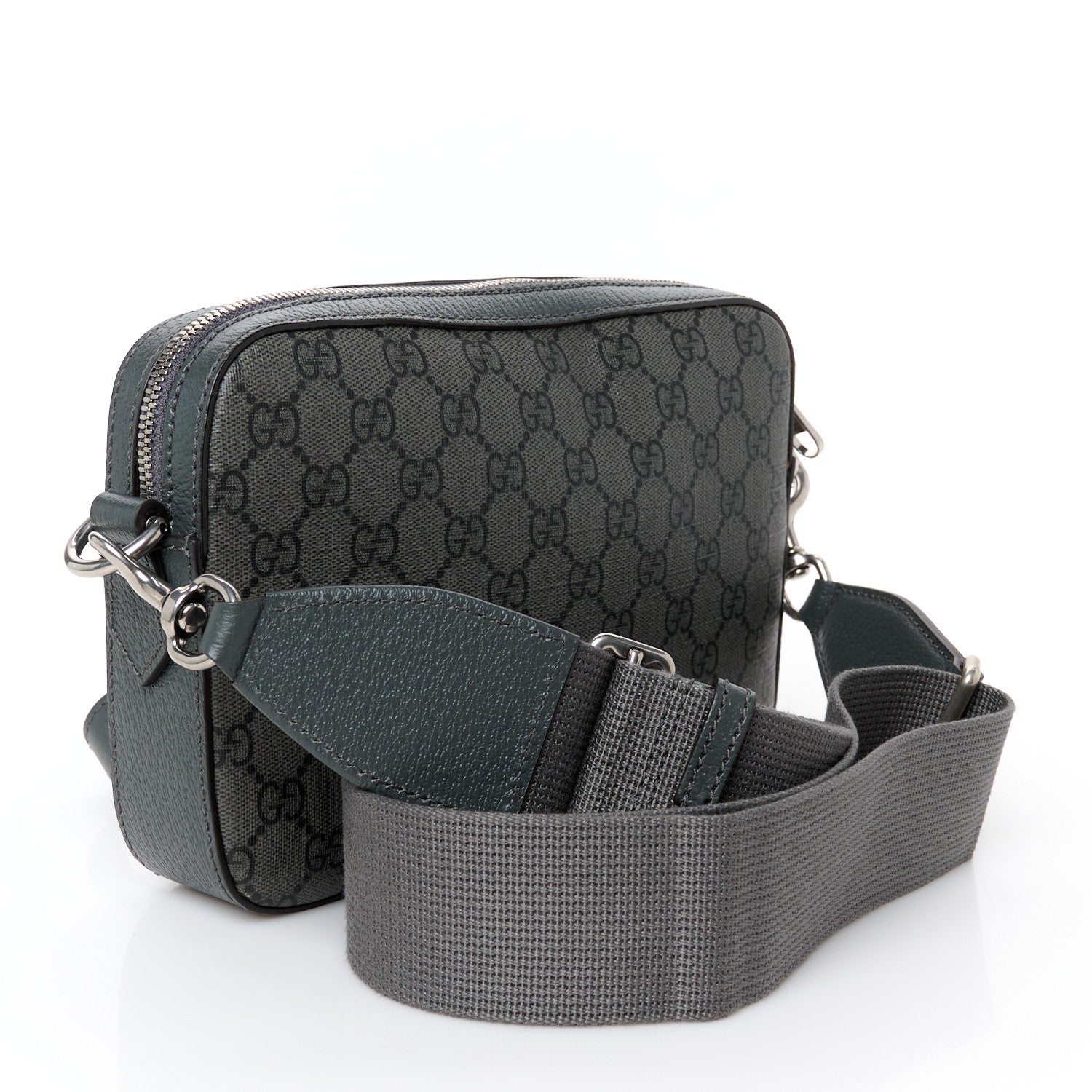 GG Supreme Monogram Textured Dollar Calfskin Web Ophidia Wristlet Shoulder Bag Grey Black Graphite Grey