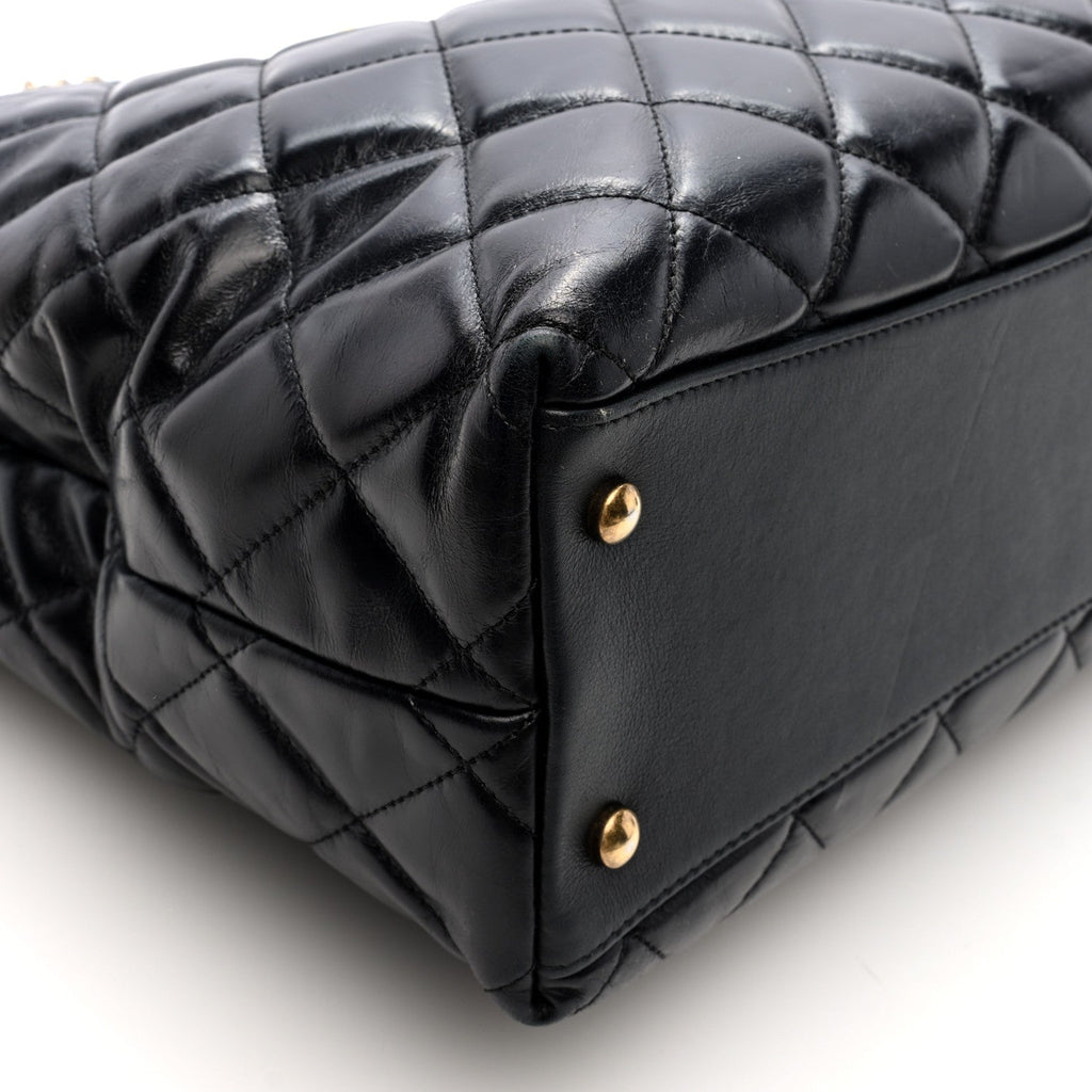 Glazed Calfskin Quilted Gold Bar Tote Black