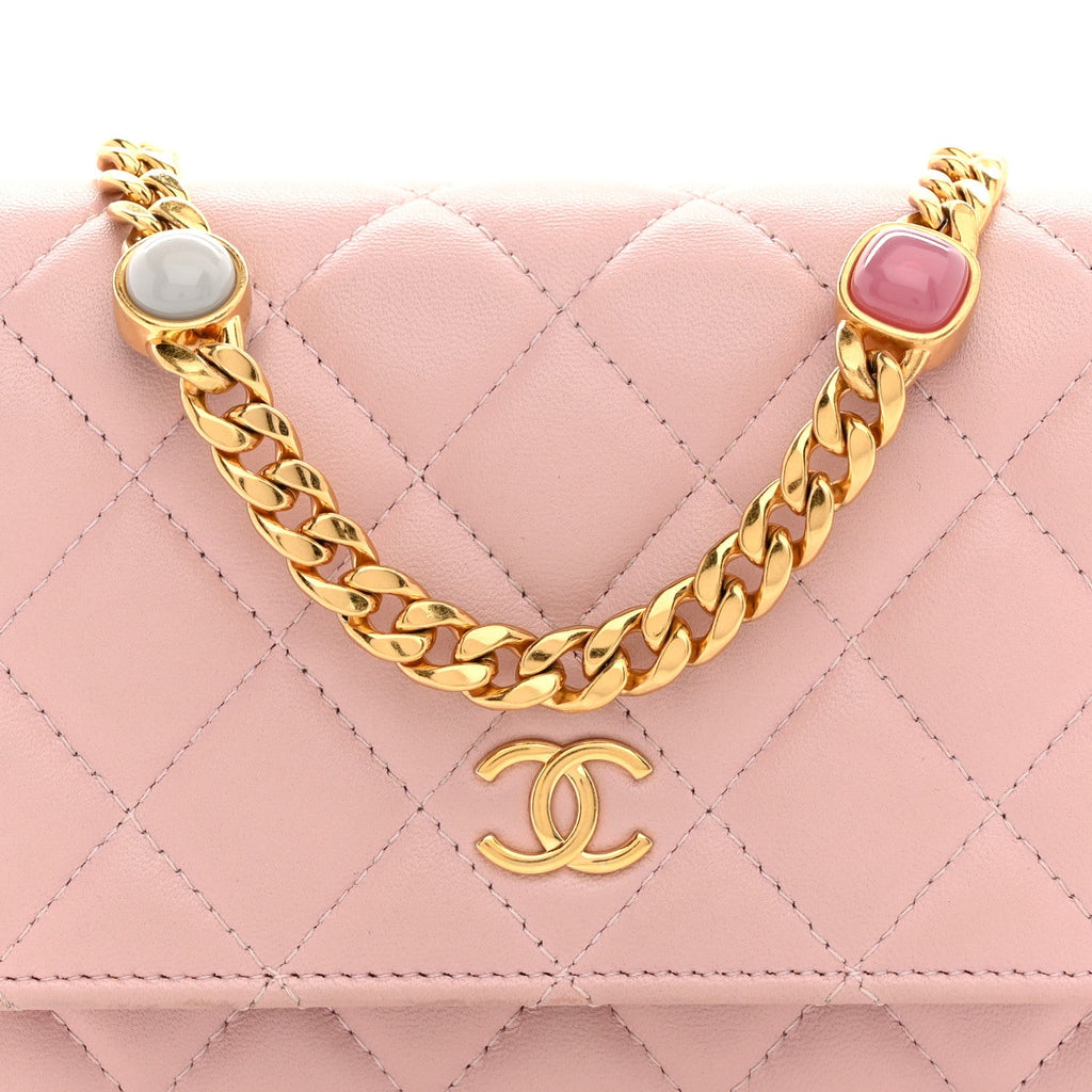 Lambskin Quilted CC Pearl Enamel Clutch on Chain WOC Light Pink