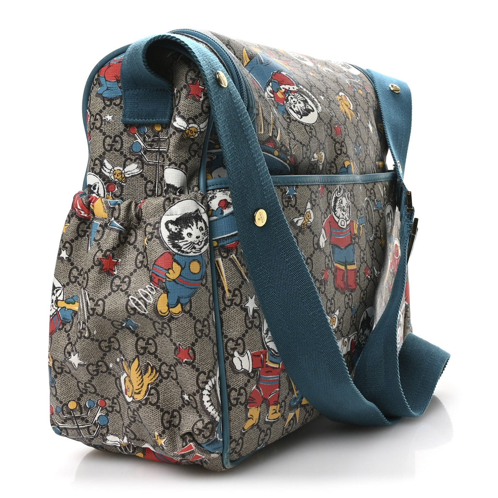 GG Supreme Monogram Space Cats Diaper Bag Turquoise