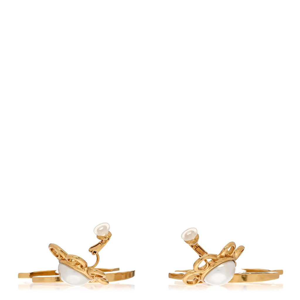 Metal Enamel Pearl CC Drop Earrings Gold White