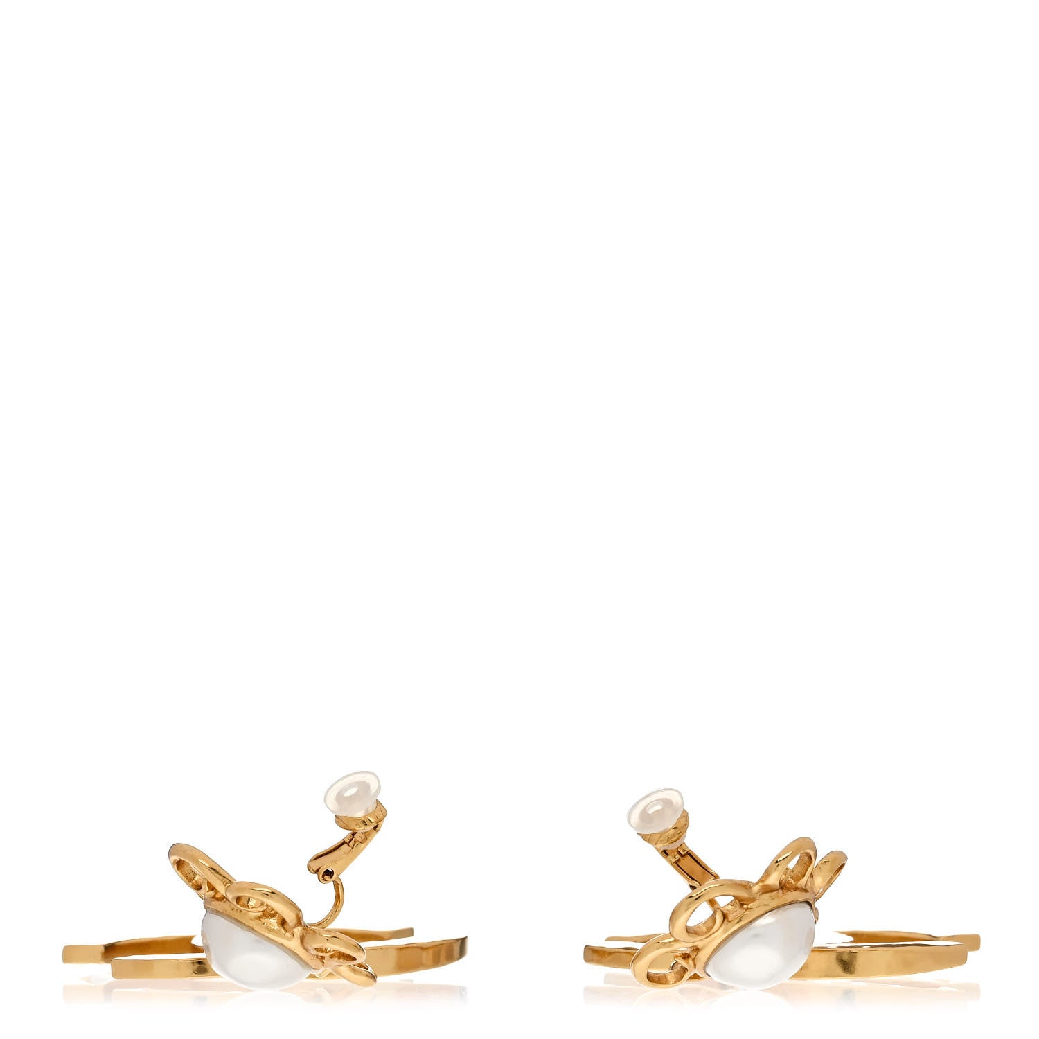 Metal Enamel Pearl CC Drop Earrings Gold White
