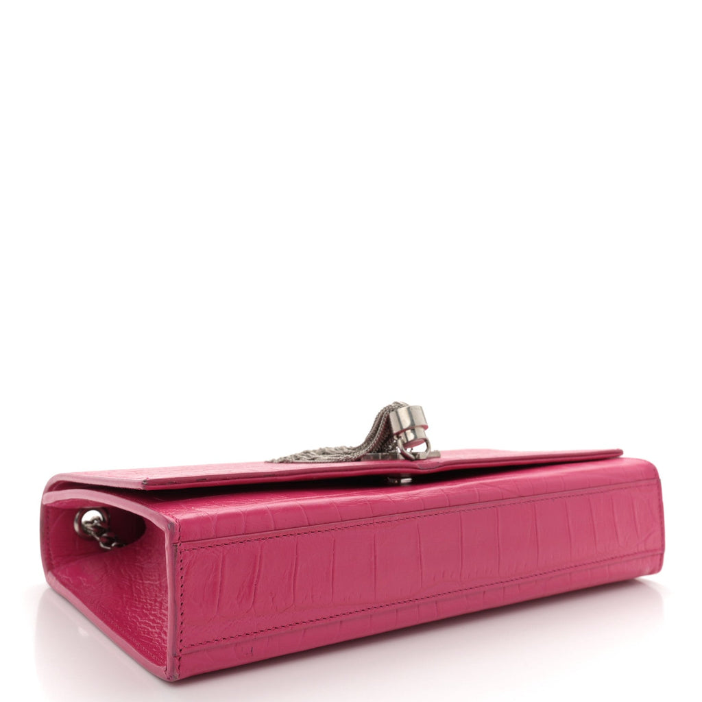 Calfskin Crocodile Embossed Medium Classic Monogram Kate Tassel Satchel Fuchsia