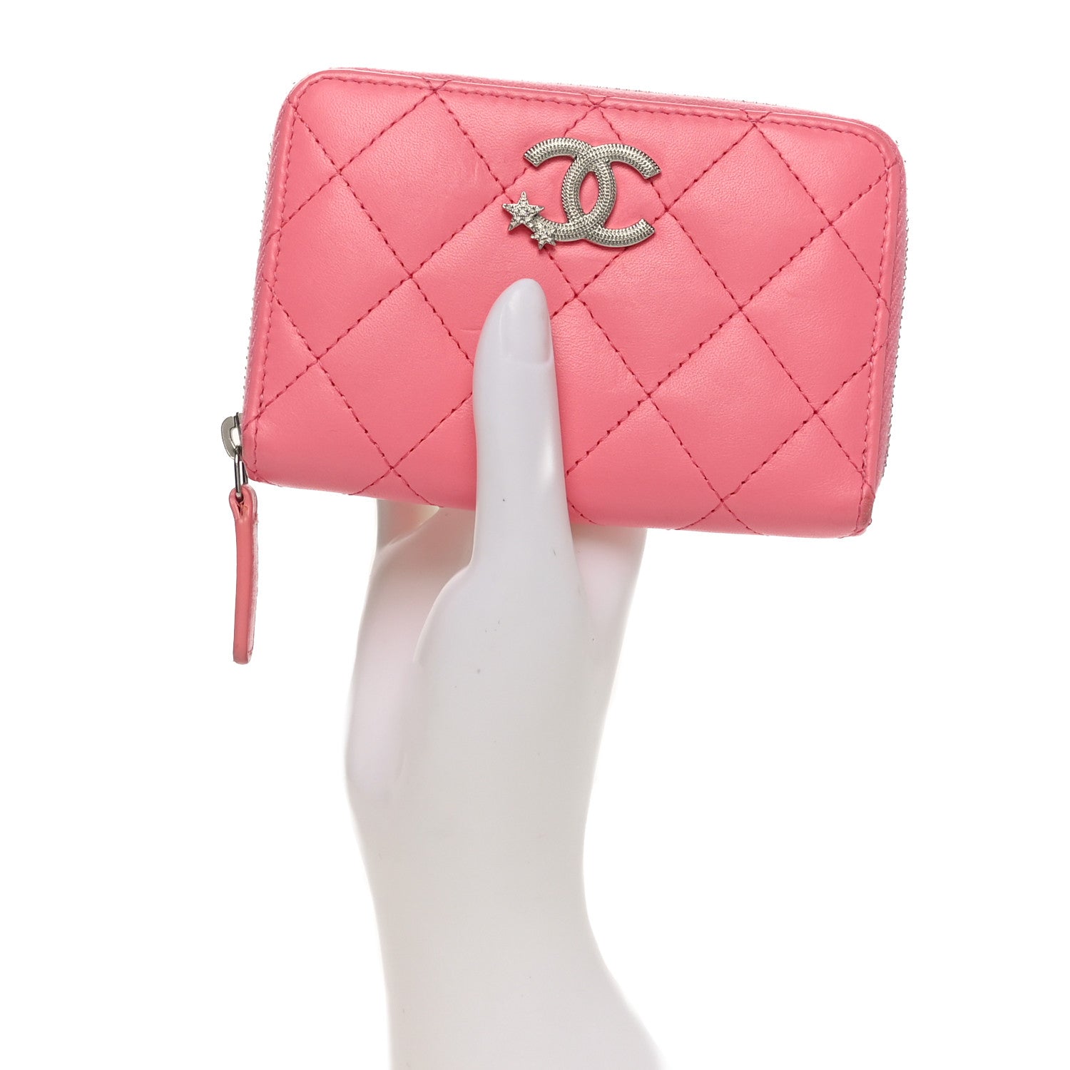 Lambskin Crystal Star Quilted Studded CC Zip Around  Holder Wallet Pink