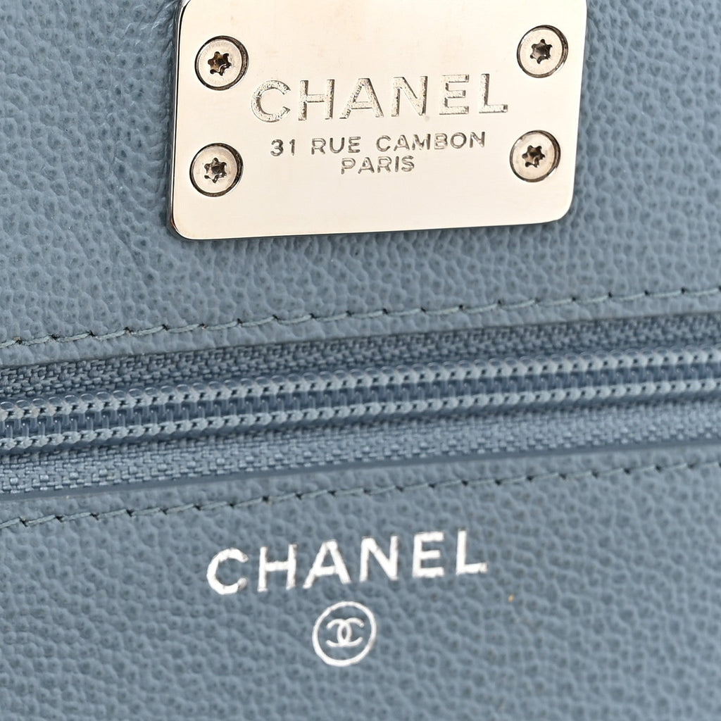 Grained Calfskin Quilted CC Box Wallet On Chain WOC Blue