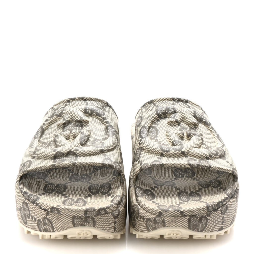 Cubic Rubber GG Monogram Womens Interlocking G Platform 42mm Slide Sandals 39 Beige Ebony