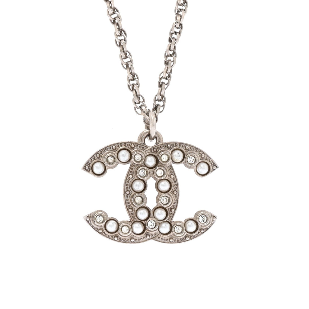 Pearl Crystal CC Pendant Necklace Silver