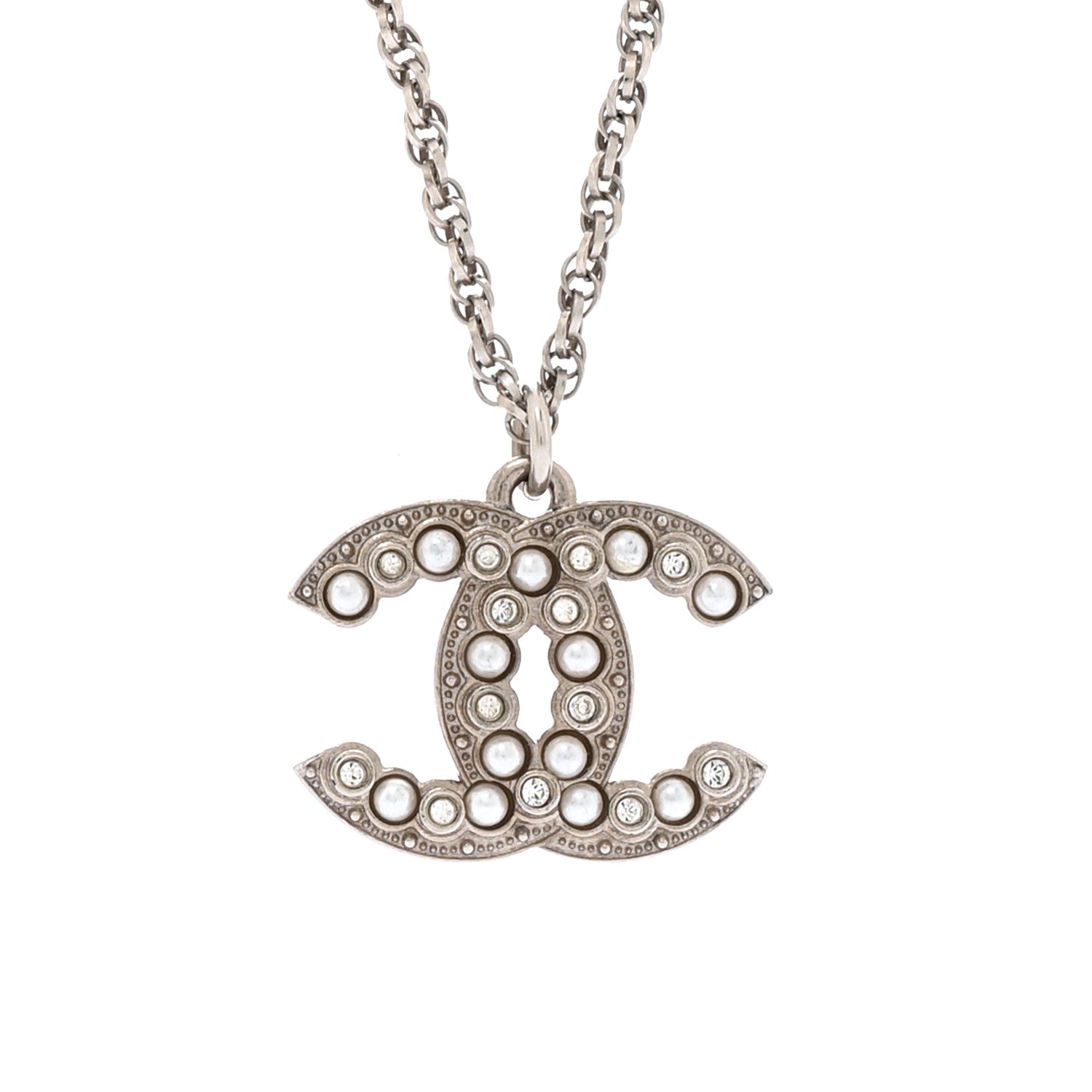 Pearl Crystal CC Pendant Necklace Silver