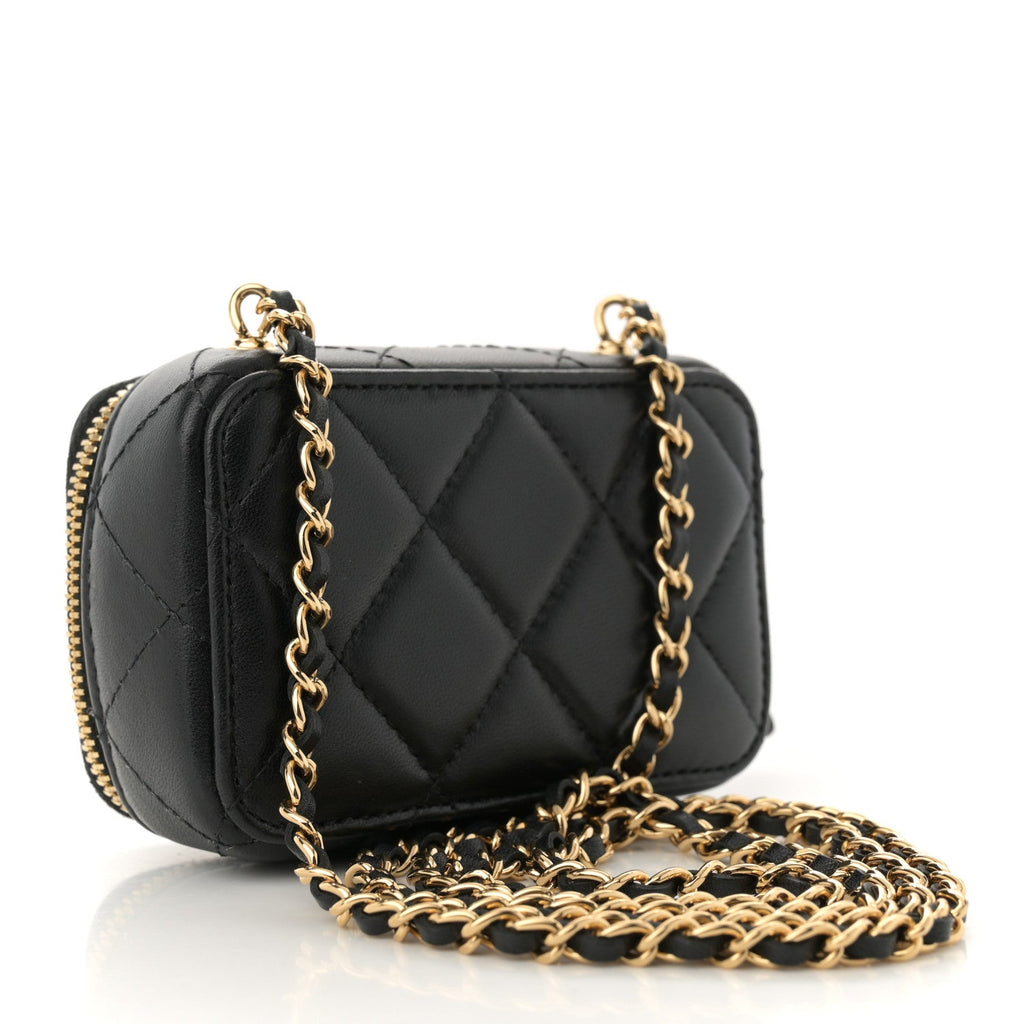 Lambskin Quilted Mini Golden Plate Clutch With Chain Black