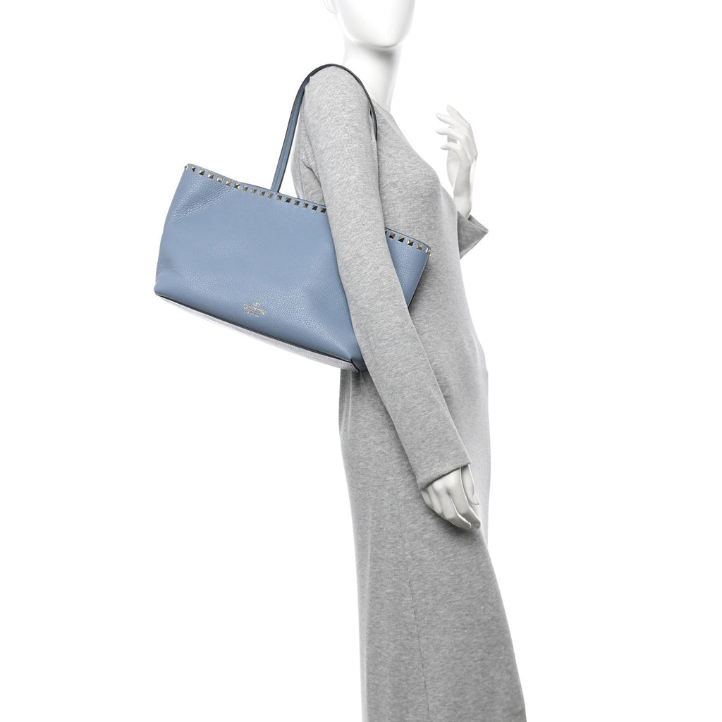 Grained Calfskin Small Rockstud Shoulder Tote Niagara
