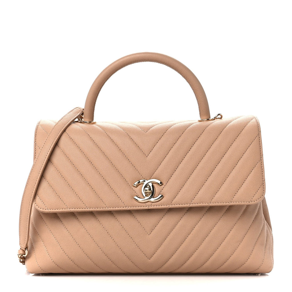 Caviar Chevron Quilted Medium Coco Handle Flap Beige