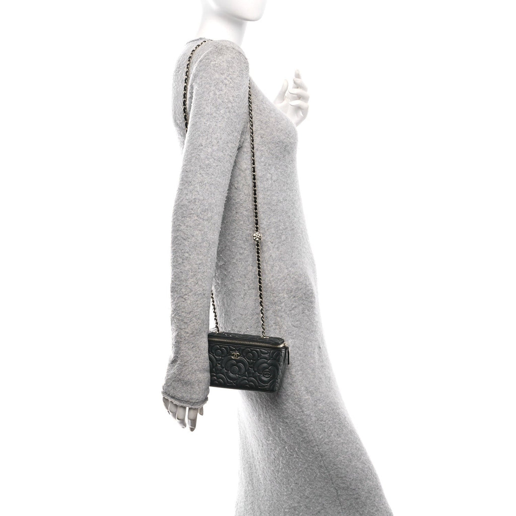 Lambskin Camellia Embossed Small Vanity Case With Chain Black