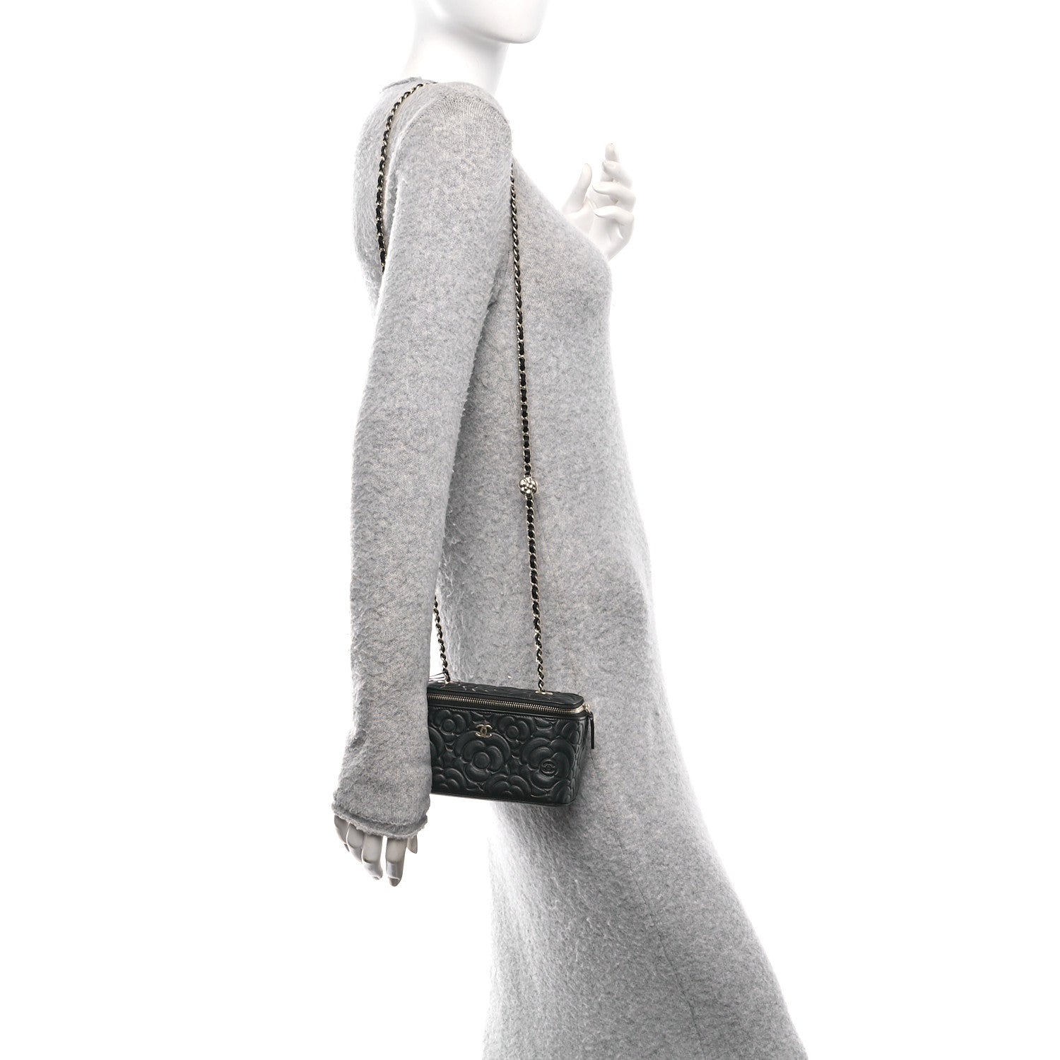 Lambskin Camellia Embossed Small Vanity Case With Chain Black